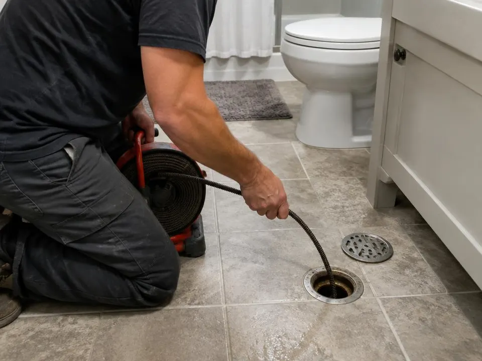 Generated illustration of a plumber using a drain cable at a bathroom floor drain