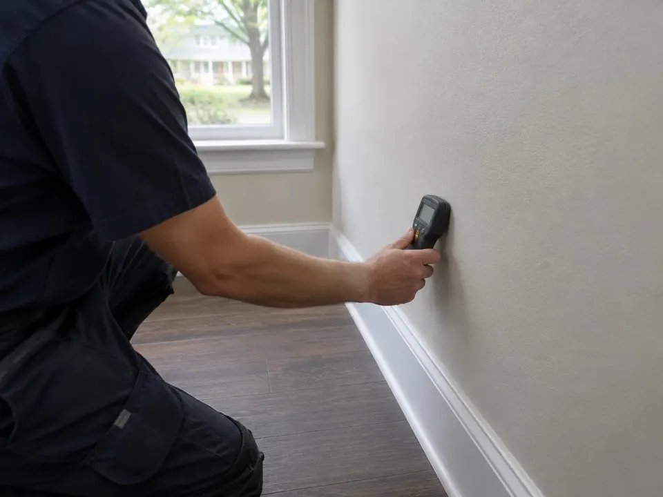 Generated illustration of a plumber holding a moisture meter against an interior wall